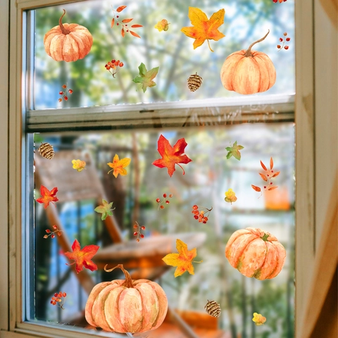 Pegatinas De Ventana De Calabaza Y Hojas De Arce Para Acción De Gracias Calcomanías Estáticas De PVC Para Decoración Otoñal Hogar