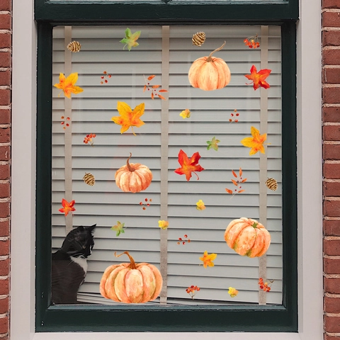Pegatinas De Ventana De Calabaza Y Hojas De Arce Para Acción De Gracias Calcomanías Estáticas De PVC Para Decoración Otoñal Hogar