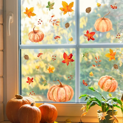 Autumn Window Clings Pumpkin Maple Leaf Static Stickers PVC Watercolor Fall Decor For Thanksgiving Glass Window Decorative