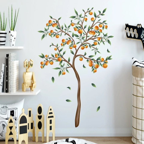 Hand Painted Watercolor Orange Tree Wall Sticker PVC Removable Self Adhesive Citrus Fruit Tree Decal For Home Living Room Decor