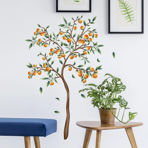 Hand Painted Watercolor Orange Tree Wall Sticker PVC Removable Self Adhesive Citrus Fruit Tree Decal For Home Living Room Decor