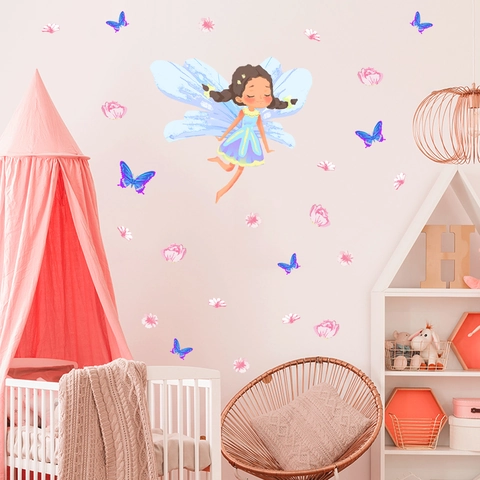 Cartoon Flower Fairy Butterfly Wall Sticker For Kids Girls Bedroom Decoration PVC DIY Self Adhesive Waterproof Wall Decal