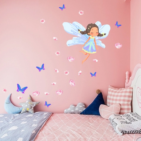 Cartoon Flower Fairy Butterfly Wall Sticker For Kids Girls Bedroom Decoration PVC DIY Self Adhesive Waterproof Wall Decal