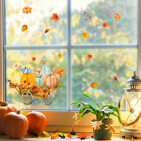 Herbst Kürbis Ahornblatt Karren Statische Fensterbilder Doppelseitiger Glasaufkleber Für Erntedankfest Herbst Deko Zuhause Dekoration