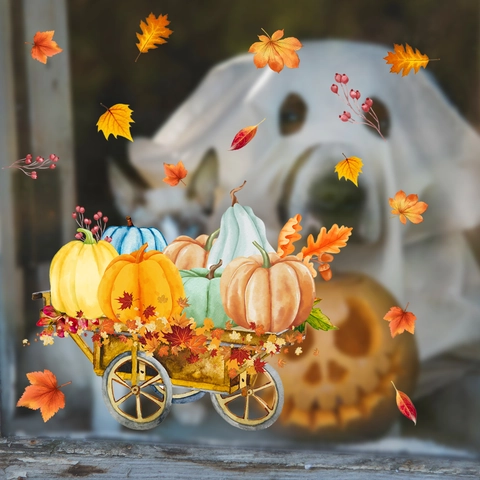 Herbst Kürbis Ahornblatt Karren Statische Fensterbilder Doppelseitiger Glasaufkleber Für Erntedankfest Herbst Deko Zuhause Dekoration