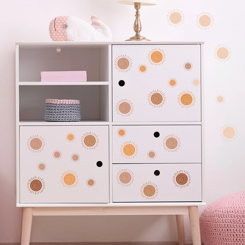Böhmische Sonne Wandaufkleber Wasserdichte PVC Handgezeichnete Spiral Sonnenmuster Morandi Erdtöne Kinderzimmer Deko