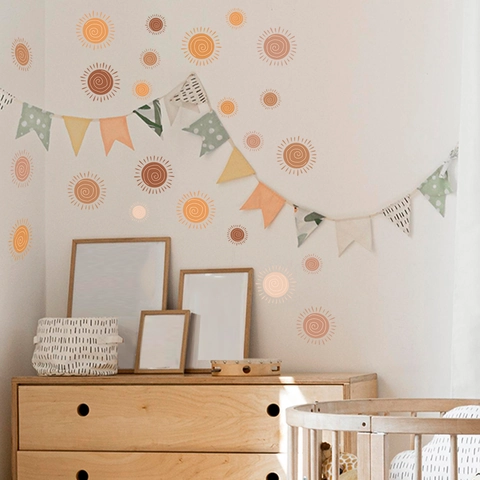 Böhmische Sonne Wandaufkleber Wasserdichte PVC Handgezeichnete Spiral Sonnenmuster Morandi Erdtöne Kinderzimmer Deko