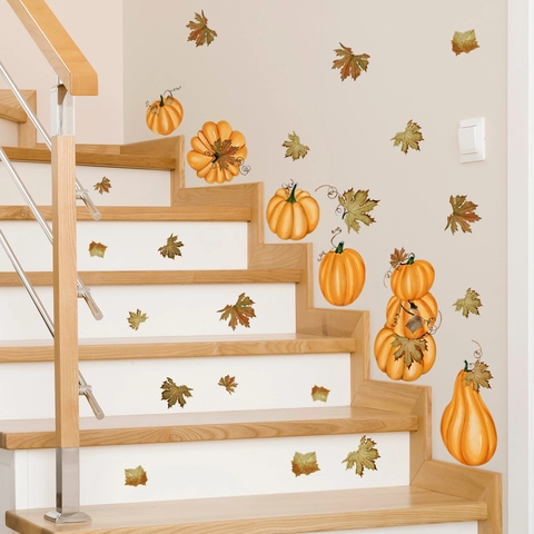 Pegatinas de Pared de Calabaza y Hoja de Arce de Otoño de PVC Autoadhesivas para Sala de Estar Dormitorio Halloween Thanksgiving
