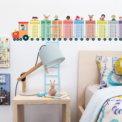 Sticker Mural Table de Multiplication Train de Dessins Animés Tableau Mathématique PVC Éducatif Décoration Murale Amovible