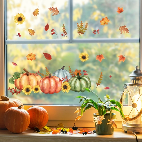 Herbst Erntedankfest Kürbis Sonnenblume Ahornblatt Statische Fensterbilder Doppelseitig Glasaufkleber Herbst Deko Heim