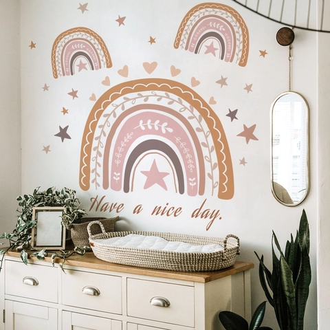 Boho Rainbow Wall Stickers PVC Self Adhesive Heart Star Decals For Kids Nursery Decor Bohemian Removable Mural