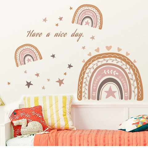 Boho Rainbow Wall Stickers PVC Self Adhesive Heart Star Decals For Kids Nursery Decor Bohemian Removable Mural