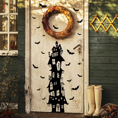 Halloween Wall Stickers PVC Haunted Castle Bats Black Silhouette Self Adhesive Home Decor Party Atmosphere