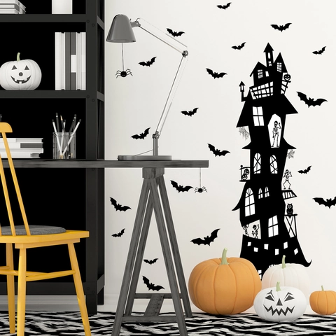 Halloween Wall Stickers PVC Haunted Castle Bats Black Silhouette Self Adhesive Home Decor Party Atmosphere