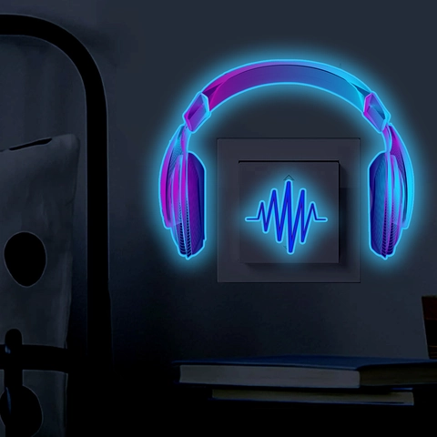 Adesivo Interruttore Cuffie Luminoso Decalcomania Parete Fluorescente PVC Per Decorazione Camera Da Letto Musica