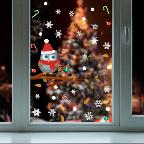 Christmas Cartoon Owl Static Window Clings PVC Snowflake Candy Cane Glass Decals For Holiday Window Display Home Decor