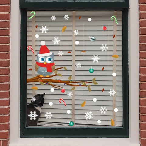 Christmas Cartoon Owl Static Window Clings PVC Snowflake Candy Cane Glass Decals For Holiday Window Display Home Decor