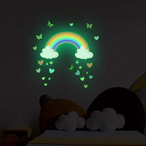 Pegatinas De Pared Que Brillan En La Oscuridad Arcoíris Corazón Estrella Mariposa PVC Calcomanías Fluorescentes Para Dormitorio Infantil