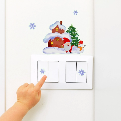 Kerstmis Lichtgevende Schakelaar Sticker Kerstman Sneeuwman Huis Sneeuwvlok PVC Muurstickers Voor Thuis Kamer Decor
