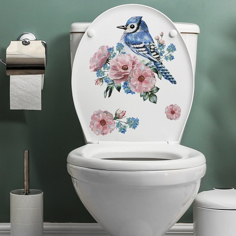 Adesivo per Gabinetto con Uccello e Fiori ad Acquerello PVC Impermeabile Ghiandaia Azzurra Rosa Arredo Bagno Decalcomania