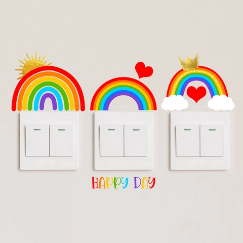 Adesivo per Interruttore Arcobaleno Luminoso Happy Day Cuore Sole Motivo PVC Decalcomania da Muro per Decorazione Casa