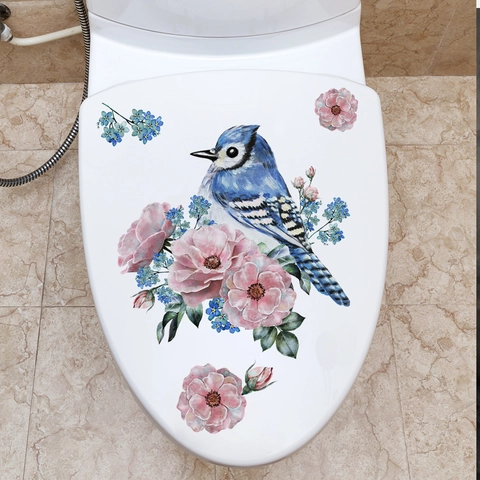 Adesivo per Gabinetto con Uccello e Fiori ad Acquerello PVC Impermeabile Ghiandaia Azzurra Rosa Arredo Bagno Decalcomania