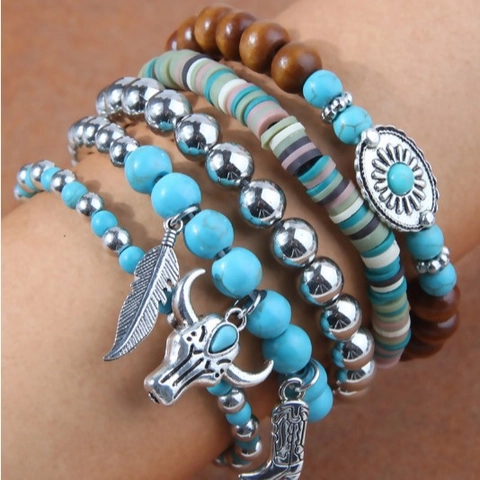 Bohemian Western Turquoise Wood Bead Multi-layer Bracelet Set Feather Bull Head Cow Bone Boot Pendant Women Jewelry