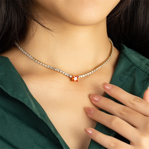 Elegante Roestvrijstalen Tennisketting Verguld Veelkleurige Zirkonia Geometrisch Hart Vierkant Hanger Choker Voor Vrouwen Sieraden