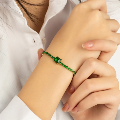 Tennis Armband Armreif Edelstahl Vergoldet Grüner Zirkonia Geometrisch Vintage Elegant Handschmuck Für Damen