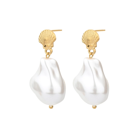 Stainless Steel Artificial Baroque Pearl Dangle Earrings Seashell Heart Design Vintage Retro Style Jewelry For Women