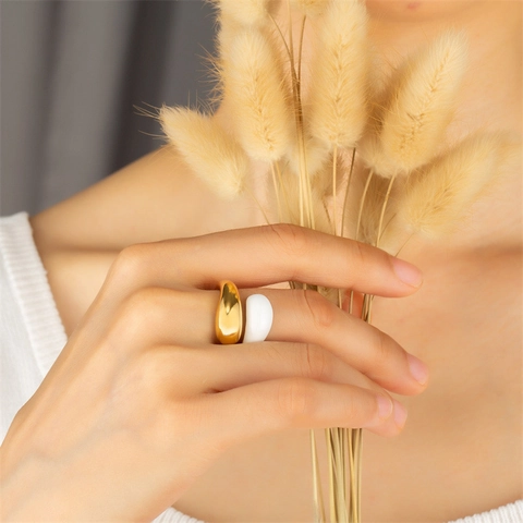 Minimalist Water Drop Open Ring Stainless Steel Gold Plated White Epoxy Two Tone Geometric Finger Jewelry For Women