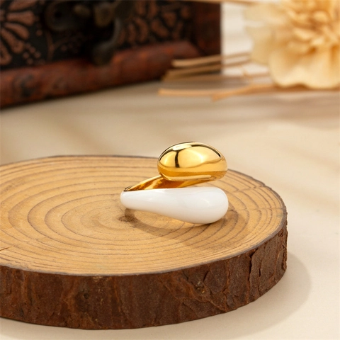 Minimalist Water Drop Open Ring Stainless Steel Gold Plated White Epoxy Two Tone Geometric Finger Jewelry For Women