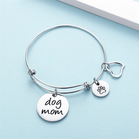 Stainless Steel Dog Mom Adjustable Wire Bangle Bracelet For Women Heart Paw Print Engraved Charm Silver Color Jewelry Gift