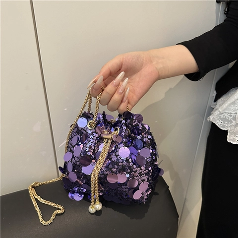 Borsa da Sera a Secchiello con Paillettes da Donna con Tracolla a Catena in Metallo e Coulisse con Künstliche Perle per Banchetti e Feste