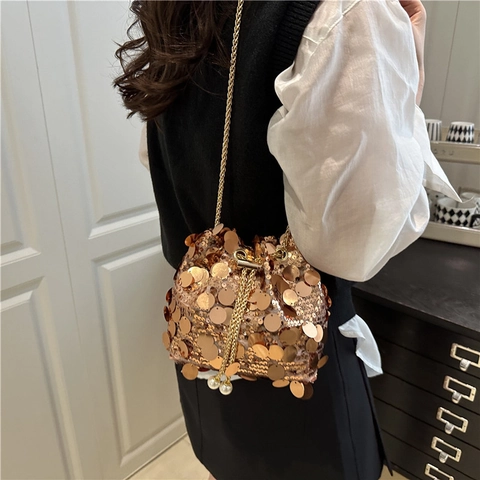 Bolso de Cubo de Lentejuelas de Moda para Mujer Bolso de Hombro de Cadena Francesa Brillante Con Cordón de Perlas Artificiales Bolso de Bandolera de Noche