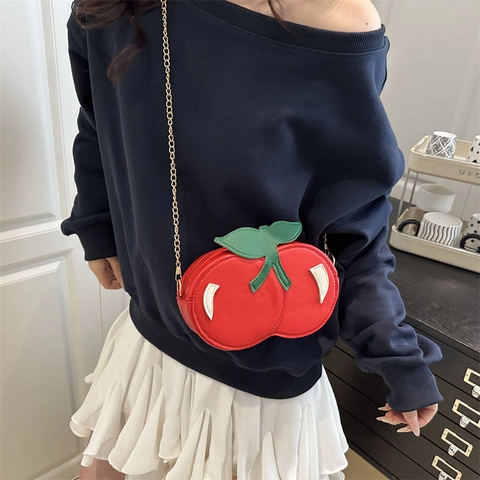 Novedad Bolso de Bandolera con Forma de Cereza para Mujer Lindo Cuero PU Fruta Roja Mini Bolso con Correa de Cadena de Metal Dorado