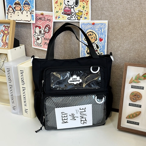 Bolso Bandolera Ita Bag de Estilo Japonés Bolso Tote de Nylon de Gran Capacidad Con Ventana de PVC Transparente para Mujer Escuela