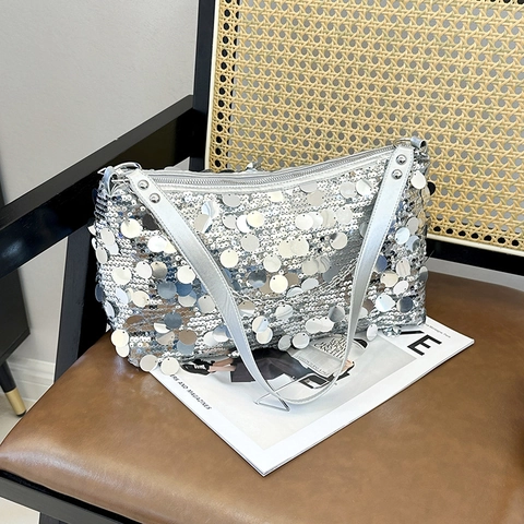 Borsa Sottobraccio Donna con Paillettes Tonde e Catena in Metallo Elegante Borsa a Tracolla con Paillettes per Matrimoni Feste