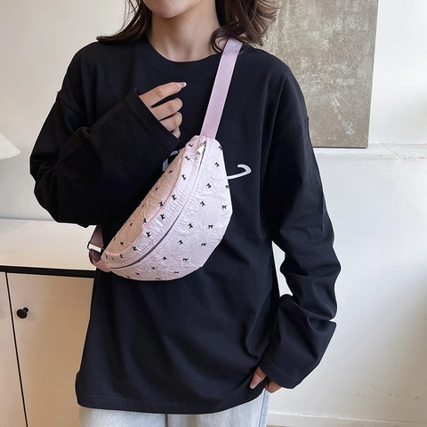 Women Korean Style Pleated Bowknot Quilted Waist Bag Lightweight Nylon Chest Bag Fashion Rabbit Pattern Crossbody Purse