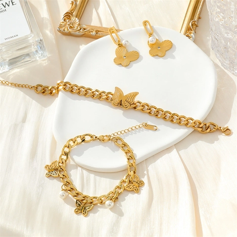 Joyas De Mariposa De Acero Inoxidable Pendientes Y Pulsera De Perlas Artificiales De Imitación Joyas Elegantes Para Mujer