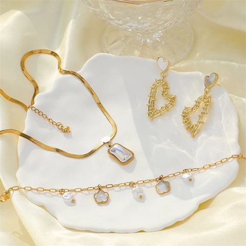 Gold Edelstahl Schmuckset Für Damen Vintage Perle Muschel Floral Herz Anhänger Halskette Ohrringe Armband Schmuck