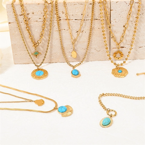 Collier Double Rang Bohème Vintage Acier Inoxydable Plaque Or Turquoise Synthétique Pendentif Étoile Géométrique Femme