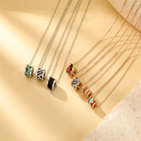 Bohemian Stainless Steel Cylinder Beaded Pendant Necklace For Women Handmade Seed Beads Ethnic Jewelry Rose Gold Silver Plated Chain
