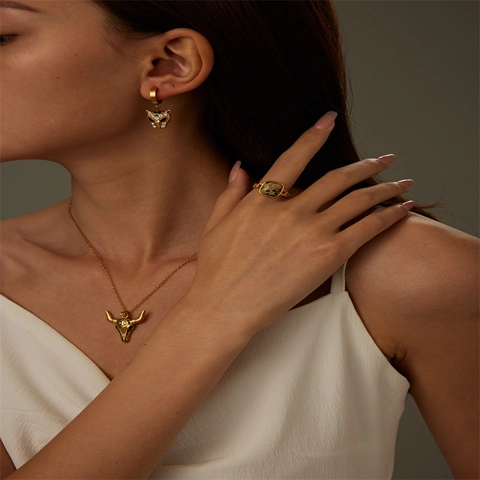 Vintage Edelstahl Vergoldet Leopard Kopf Ohrringe Stierkopf Buch Anhänger Halskette Für Damen Mode Schmuck