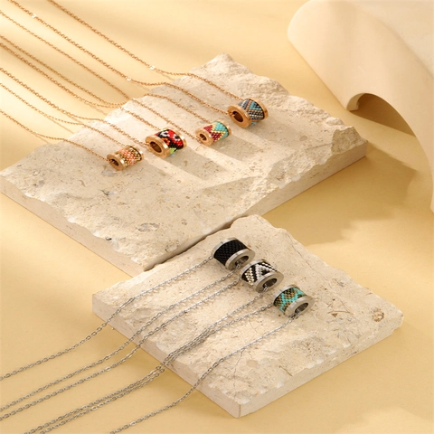 Bohemian Stainless Steel Cylinder Beaded Pendant Necklace For Women Handmade Seed Beads Ethnic Jewelry Rose Gold Silver Plated Chain