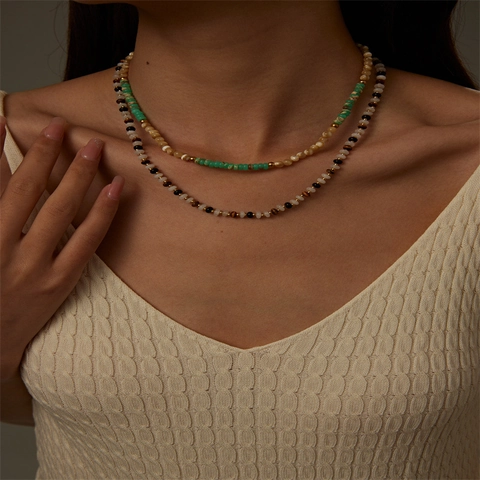 Women Simple Fashion Beaded Necklace Stainless Steel Adjustable Handmade Multicolor Bead Bohemia Jewelry Gift For Lady