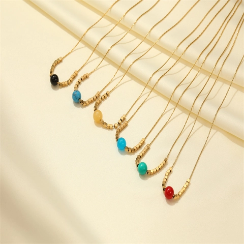 Minimalist Stainless Steel Beaded Necklace With Cube Beads And Colored Round Stone Geometric Fashion Jewelry For Women
