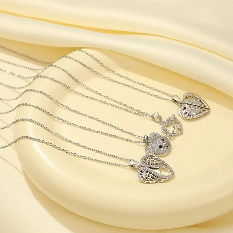 Elegant Copper Hollow Heart Bear Pendant Necklace Gold Silver Plated Rhinestone Zirconia Angel Wings Clavicle Chain Jewelry For Women
