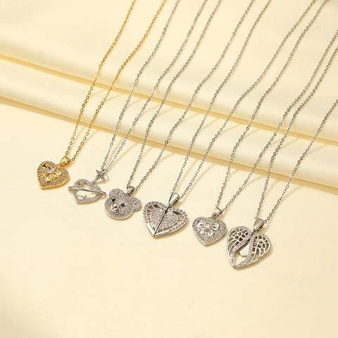 Elegant Copper Hollow Heart Bear Pendant Necklace Gold Silver Plated Rhinestone Zirconia Angel Wings Clavicle Chain Jewelry For Women