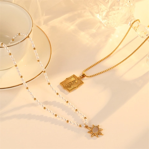 Collane A Strati In Acciaio Inossidabile Con Imitazione Perla Artificial Stella E Pendente Medaglia Vergine Maria Gioielli Retro Per Donna
